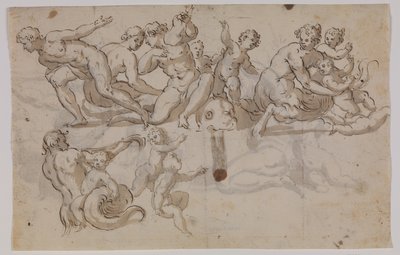 Caballitos de mar, tritones y putti montando delfines de Giuseppe Alabardi