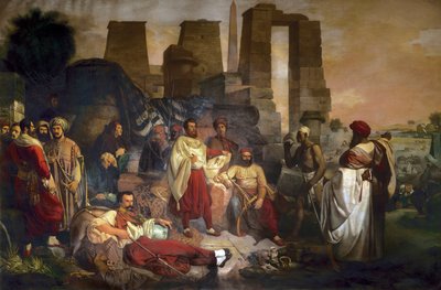 Egiptólogo Jean Francois Champollion sentado en el centro, rodeado por Ippolito Rosellini y Gaetano Rossellini de Giuseppe Angelelli
