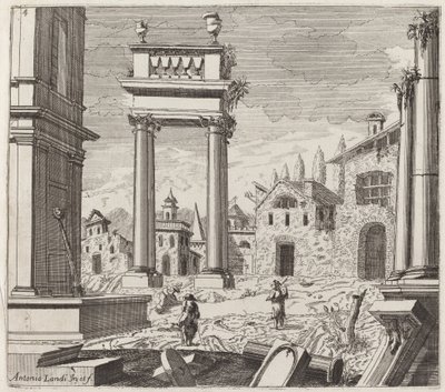 Fantasía arquitectónica con ruinas clásicas y edificios vernáculos de Giuseppe Antonio Landi