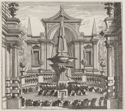Jardín fantástico con una fuente y un pabellón de jardín de Giuseppe Antonio Landi