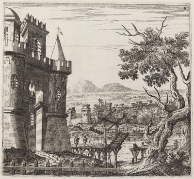 Paisaje con un castillo y un puente levadizo de Giuseppe Antonio Landi