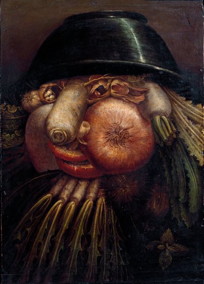 Retrato con vegetales (El Maraicher). Entre los vegetales y frutas representados: nueces, rábano, champiñón, ajo, castaña, cebolla, ensalada, avellana y nabo. de Giuseppe Arcimboldo