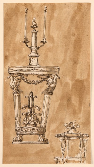 Diseño para una Mesa Consola con Candelabro y una Cama de Giuseppe Barberi