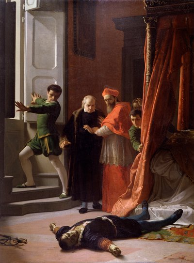 Muerte del duque de Florencia Alessandro de Medici asesinado por Lorenzino de Medici (óleo sobre lienzo de Giuseppe Bellucci