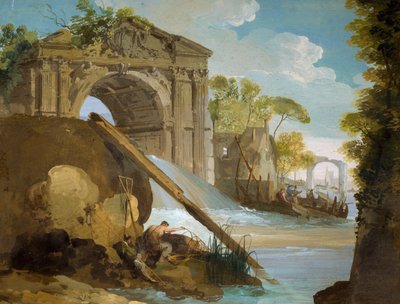 Vista imaginaria: Río con pescadores y ruinas de Giuseppe Bernardino Bison