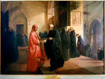 Dante Alighieri entrega al Hermano Ilario un cuaderno que contiene parte de la Divina Comedia de Giuseppe Bertini