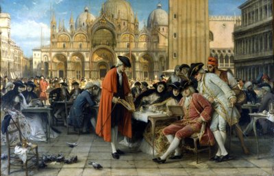 El pintor Francesco Guardi vende sus pinturas frente al café Florian. 1892. Pintura de Giuseppe Bertini. Galleria d