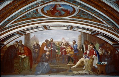 Galileo Galilei (1564-1642) demuestra la ley sobre la caída y la gravedad. Galilei demuestra la experiencia con un plano inclinado durante una conferencia pública en Pisa. Pintura de Giuseppe Bezzuoli (1784-1855) de Giuseppe Bezzuoli