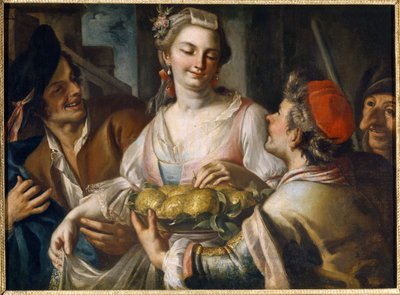 Carnaval (Carnaval). Escena de fiesta popular en Venecia, un joven ofrece un plato de frutas a una joven que toma una manzana, rodeado de personajes, uno de los cuales tiene una máscara grotesca de la commedia dell