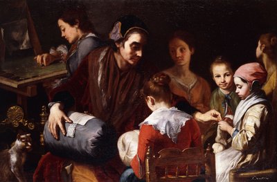 Niñas siendo enseñadas a coser por una costurera de Giuseppe Bonito