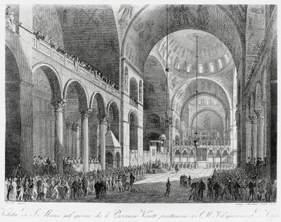 Las provincias del Véneto juran fidelidad al emperador austriaco Francisco II (1768-1835) en la Basílica de San Marcos de Venecia, el 7 de mayo. de Giuseppe Borsato