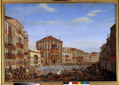 Visita de Napoleón I a Venecia del 28 de noviembre al 8 de diciembre de 1807: El emperador presidiendo las regatas en el Gran Canal desde el balcón del Palacio Baldi, llega de la carrera, 2 de diciembre de 1807 de Giuseppe Borsato
