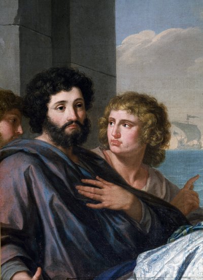Santa Paula (Santa Paola Romana) partiendo hacia Tierra Santa. Viuda a los 33 años, siguió a San Jerónimo y partió con su hija Santa Eustoquia en peregrinación con él en 385 hacia los Santos Lugares. Detalle de un hombre con barba (¿San Jerónimo). Pa de Giuseppe Bottani