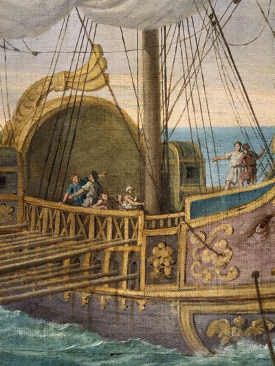 Santa Paula (Santa Paola Romana, 347-406,) partiendo hacia Tierra Santa, detalle de la barca. Viuda a los 33 años, siguió a san Jerónimo y partió con su hija santa Eustoquia en peregrinación con él en 385 hacia los Santos Lugares. Pintura de Giusep de Giuseppe Bottani