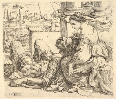 Dalila sosteniendo el cabello de Sansón y un par de tijeras, 1620-30 de Giuseppe Caletti
