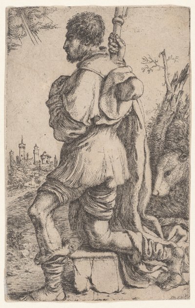 San Roque, arrodillado en una piedra, visto de lado con su perro detrás de él..., 1620-30 de Giuseppe Caletti