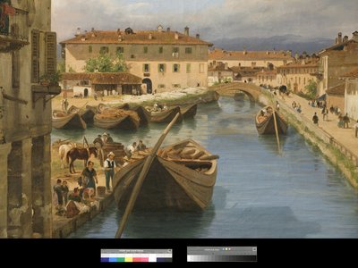 Vista del canal Naviglio desde el puente de San Marco en Milán, 1834 de Giuseppe Canella