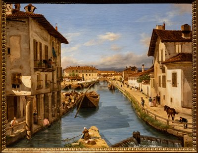Vista del Canal del Naviglio desde el puente de San Marcos, c.1850 (óleo sobre lienzo) de Giuseppe Canella