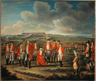 Lady Louisa Lennox con el regimiento de su esposo, 25º Regimiento de Infantería, con Lord George Lennox a su lado, y el Fuerte St Philip, Port Mahon, al fondo, c.1771 de Giuseppe Chiesa