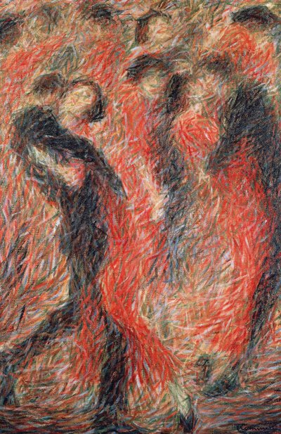 Tango, mujer vestida de rojo bailando, fantasía de pareja bailando de Giuseppe Cominetti