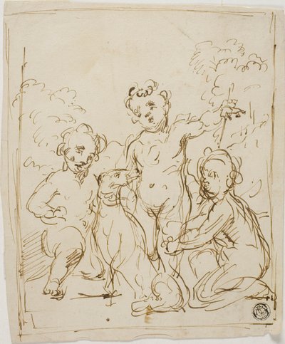 Tres putti y un perro en un paisaje de Giuseppe Diamantini
