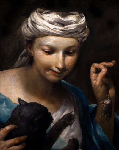 Niña jugando con un gato y un ratón muerto (detalle) de Giuseppe Maria (1665-1747) Crespi