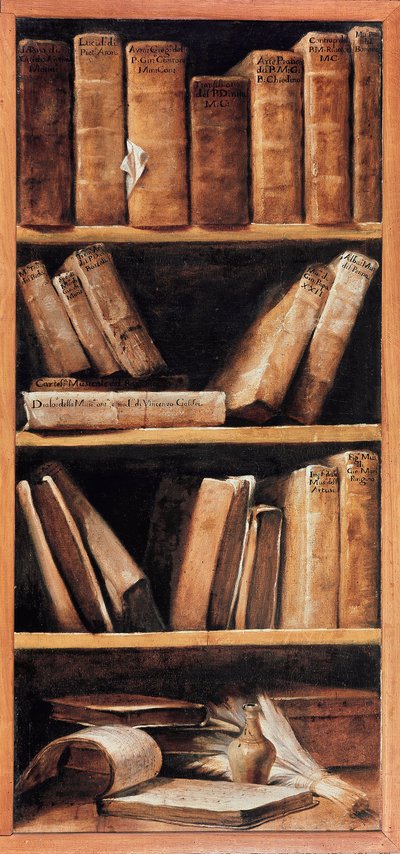 Naturaleza muerta con biblioteca y libros de música. Pintura de Giuseppe Maria Crespi dit lo Spagnolo (el Español) (1665-1747) 1715 Bolonia, Conservatorio de música de Giuseppe Maria Crespi