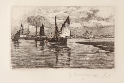 Barcos en la laguna (grabado sobre papel blanco) de Giuseppe Miti Zanetti