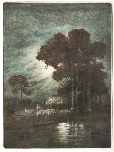 Paisaje y rebaño Grabado, cm 54,4 x 39. de Giuseppe Miti Zanetti