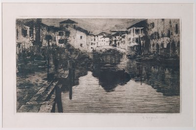 El canal de la lonja en Chioggia (grabado sobre papel blanco) de Giuseppe Miti Zanetti