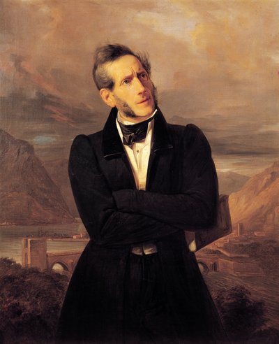 Retrato de Alessandro Manzoni con vistas de Lecco, pintura de Giuseppe Molteni, paisaje pintado por Massimo d