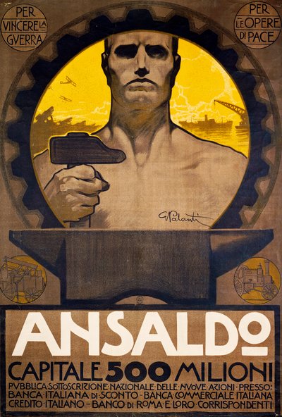 Trabajador con martillo y yunque, cartel de Ansaldo de Génova para la suscripción de nuevas acciones de Giuseppe Palanti