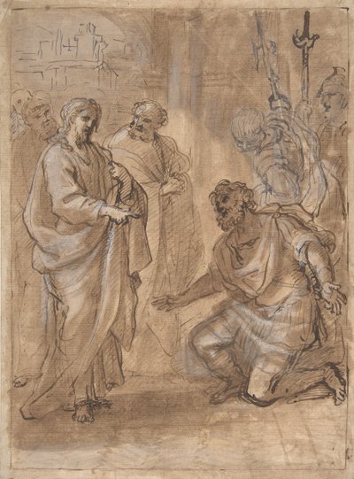 Cristo y el centurión recto, Figura saludando a un barco que se va verso de Giuseppe Passeri