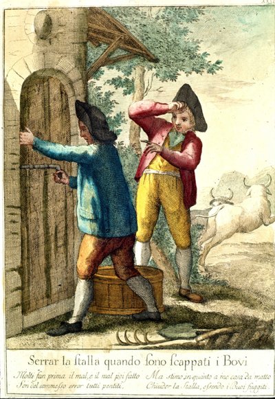 "No tiene sentido cerrar el establo cuando los caballos se han escapado." Grabado del siglo XVIII ilustrando una serie de proverbios. Giuseppe Piattoli (1740/50-1818) de Giuseppe Piattoli