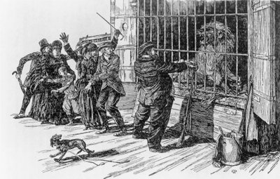 Tartarin y la jaula del león, ilustración para Tartarin en los Alpes de Alphonse Daudet, Milán de Giuseppe Porcheddu