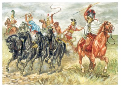 Antigua Grecia: Soldados de caballería griegos y tanque - Grecia antigua: soldados de caballería griegos y char - Ilustración de Giuseppe Rava de Giuseppe Rava