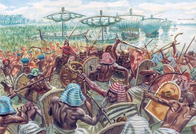 Antiguo egipto: la Batalla del Delta fue una batalla marítima entre Egipto y los Pueblos del Mar, hacia 1175 a.C., cuando el faraón egipcio Ramsés III rechazó una gran invasión marítima - Ilustración de Giuseppe Rava de Giuseppe Rava