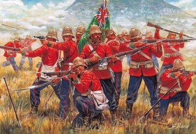 Guerra Anglo-Zulú: soldados del imperio británico en la batalla de Isandhlwana (Isandlwana o Isandula) en Sudáfrica, 22/01/1879 - Guerra Anglo-Zulú: soldados del imperio británico, batalla de Isandlwana el 22 de enero de 1879 - Ilustración de Giuseppe Rava de Giuseppe Rava