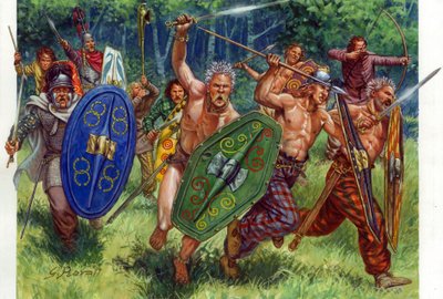 Antiquite: la carga de los guerreros galos, a la izquierda en un punto - Guerreros galos cargando, uno de ellos a la izquierda lleva una cota de malla - Ilustración de Giuseppe Rava de Giuseppe Rava