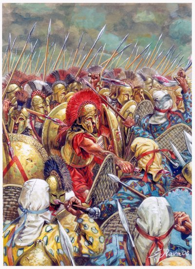 Batalla de las Termópilas: El ejército espartano comandado por Leónidas I luchando junto a los griegos contra los persas en 480 a.C. (Guerras persas/Batalla de las Termópilas 480 a.C. - (El rey espartano Leónidas y sus hombres caen en la batalla) - Ilustra de Giuseppe Rava