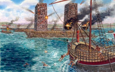 Conquete del Imperio Persa: el asedio de Tiro por el rey Alejandro Magno (356-323 a.C.) en 332 a.C. - El asedio de Tiro por Alejandro Magno en 332 a.C. durante sus campañas contra los persas - Ilustración de Giuseppe Rava de Giuseppe Rava