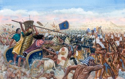 Antigüedad egipcia: la carga de los tanques hititas de Mupatalli contra el ejército egipcio de Ramsés II durante la Batalla de Qadesh en 1274 a.C. - ejército del Imperio Hitita bajo Mutalli II cargando contra el ejército del faraón Ramsés II (1303 a.C.- 12 de Giuseppe Rava