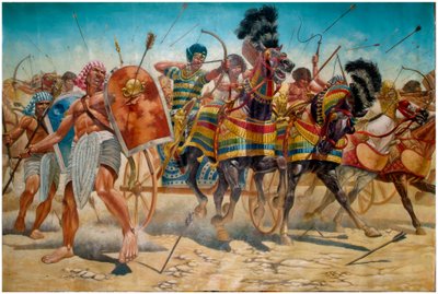 Antigüedad egipcia: representación del faraón Ramsés II (1304-1213 a.C.) con su ejército guiando tanques durante la batalla de Qadesh en 1274 a.C. - El faraón Ramsés II (1303 a.C. ð 1213 a.C.) y su ejército durante la batalla de Kadesh en 1274 a.C. en el a de Giuseppe Rava