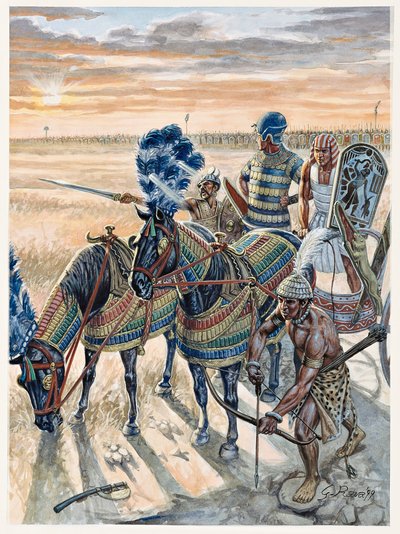 Antigüedad egipcia: representación del faraón Ramsés II (1304-1213 a.C.) con su ejército - El faraón Ramsés II (1303-1213 a.C.) y su ejército en el antiguo Egipto - Ilustración de Giuseppe Rava de Giuseppe Rava