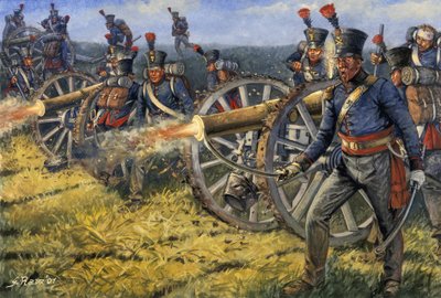 Primer Imperio: Soldados de la artillería belga holandesa disparando con cañón durante la batalla de Waterloo 18/06/1815 - Primer imperio: soldados de la artillería belga y holandesa disparando con cañón durante la batalla de Waterloo el 18 de junio de 181 de Giuseppe Rava
