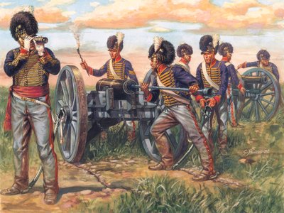Primer Imperio: Soldados de la artillería inglesa cargando un cañón durante la batalla de Waterloo en 1815 - Primer imperio: soldados del ejército británico cargando un cañón durante la batalla de waterloo en 1815 - Ilustración de Giuseppe Rava de Giuseppe Rava