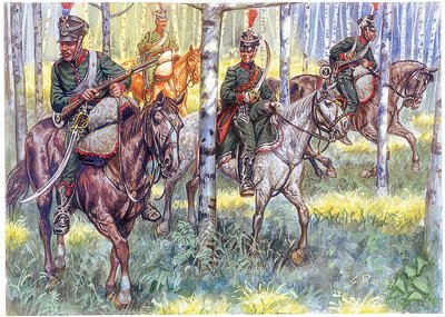 Primer Imperio: Cazadores a caballo del Gran Ejército de Napoleón I Patrulla - Ilustración de Giuseppe Rava de Giuseppe Rava