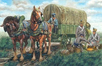 Primer Imperio: el carruaje que transportaba la comida del regimiento francés - Primer Imperio: Carruaje francés para el transporte de alimentos - Ilustración de Giuseppe Rava de Giuseppe Rava