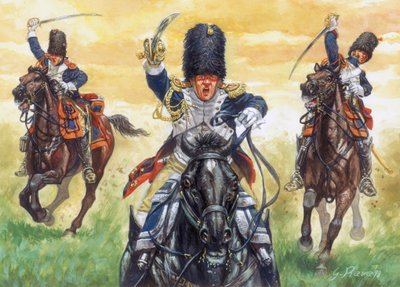 Primer Imperio: la carga de los granaderos a caballo de la Guardia Imperial de Napoleón I en la batalla de Eylau 8/02/1807 - Guerra de la Cuarta Coalición: Batalla de Eylau (o Batalla de Preussisch-Eylau), 7 y 8 de febrero de 1807, la carga de la Guardia G de Giuseppe Rava