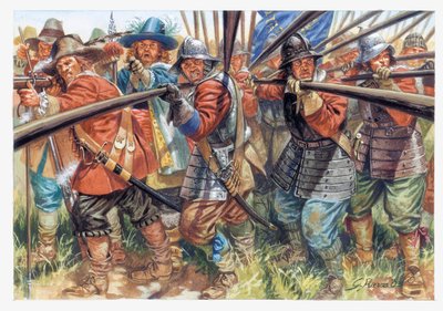 Primera Revolución Inglesa (1641-1649): Infantería del Nuevo Ejército Modelo de Oliver Cromwell (1599-1658) - Guerra Civil Inglesa: piqueros del Nuevo Ejército Modelo de Oliver Cromwell - Ilustración de Giuseppe Rava de Giuseppe Rava